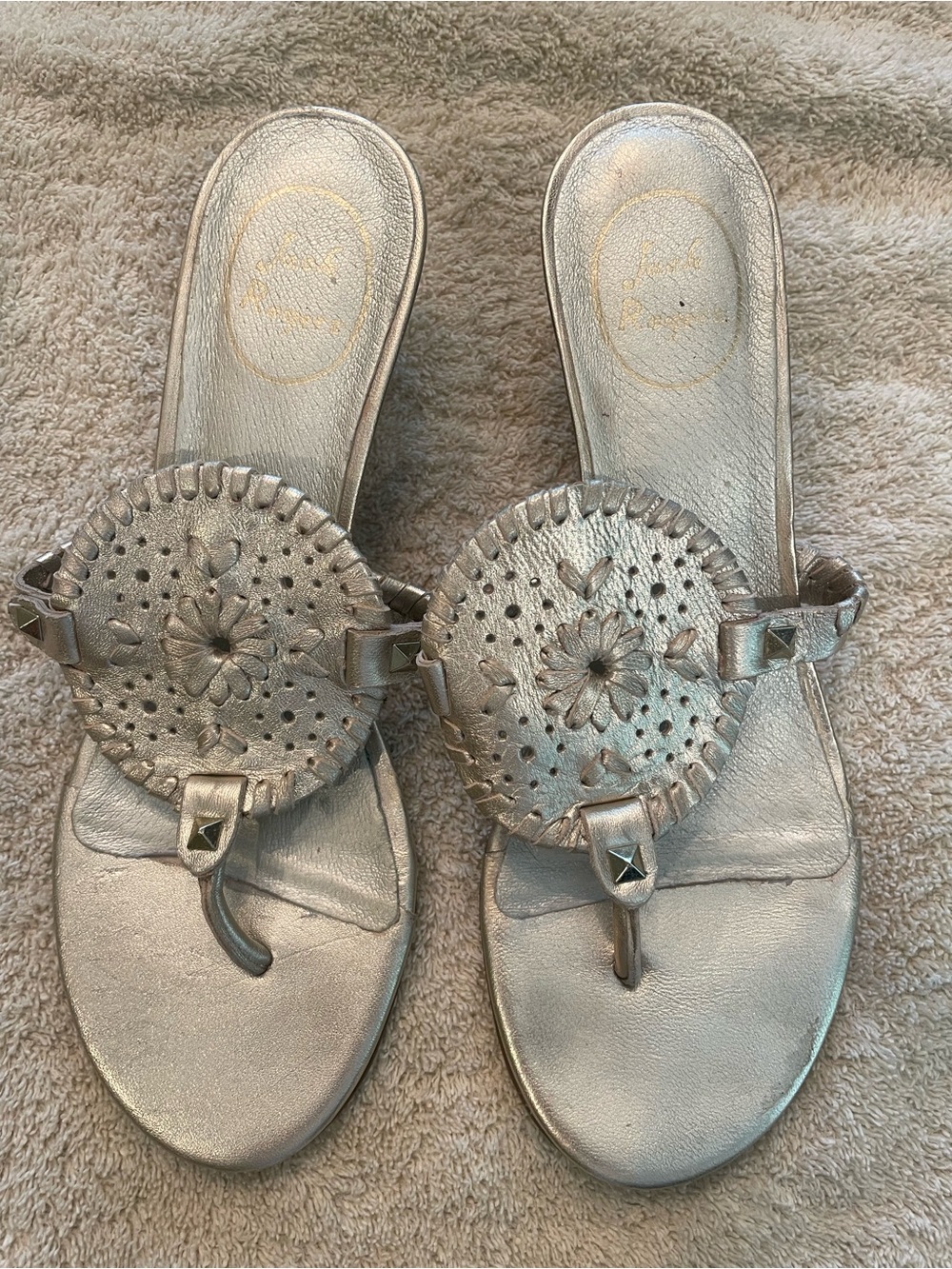 Jack Rogers Silver Floral Leather Thong Sandals